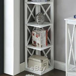White 5 Tier Corner Book Case Living Room Display Storage Shelf Wood X Design