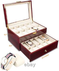 Wood Watch Box 20 Slots Glass Top Mens Watch Display Case Watch Box Organizer