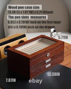 Wood pen display case 36 slot Fountain pen Box storage Organizer with drawer