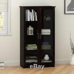 Wooden Glass Door Espresso Bookcase Bookshelf Media Cabinet Display Storage