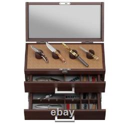 Wooden Lockable Pocket Knife Storage Case with2 Drawers for Knives Watches Wallet