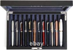 Wooden Pen Display Case 12 Slot Lockable Fountain Pen Storage Box, Black Col