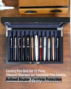 Wooden Pen Display Case 12 Slot Lockable Fountain Pen Storage Box, Black Col