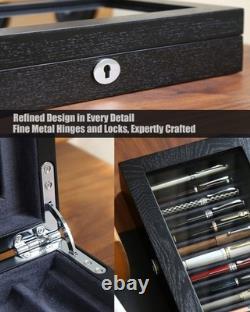 Wooden Pen Display Case 12 Slot Lockable Fountain Pen Storage Box, Black Col