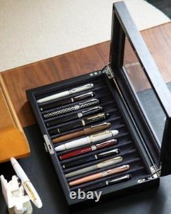 Wooden Pen Display Case 12 Slot Lockable Fountain Pen Storage Box, Black Col